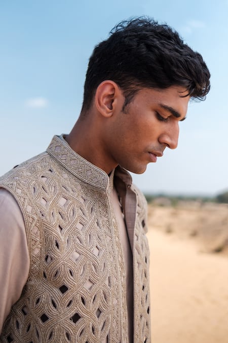 Shop_Amaare_Gold Chanderi, Silk Embroidery Interlace Nehru Jacket Set _Online_at_Aza_Fashions