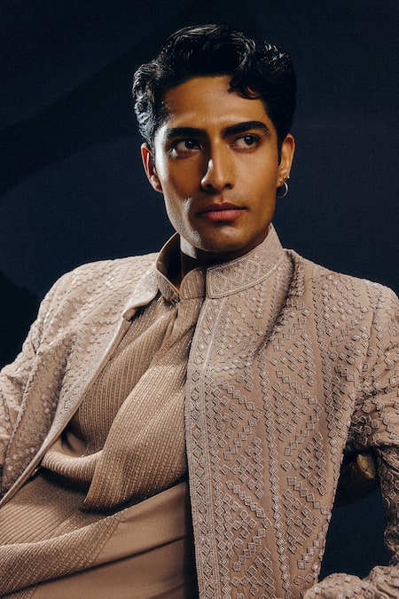 Amaare_Gray Silk, Wool Embroidery Designer Blend Achkan Set _Online_at_Aza_Fashions