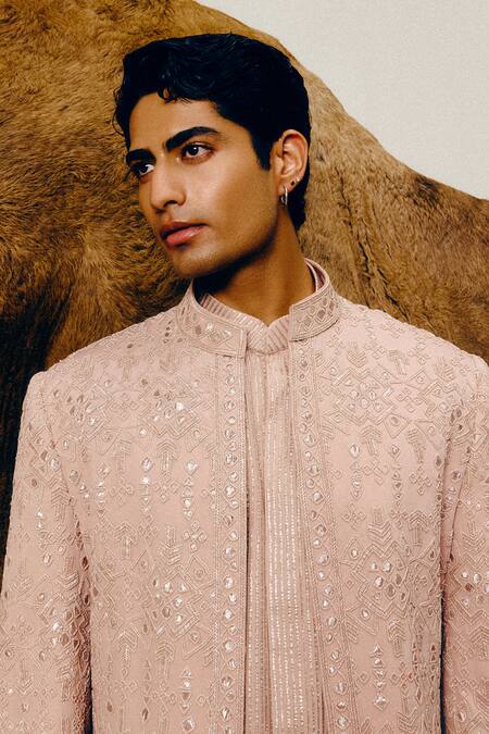 Buy_Amaare_Pink Silk, Wool Embroidery, Sequins Designer Sukh Achkan Set _Online_at_Aza_Fashions
