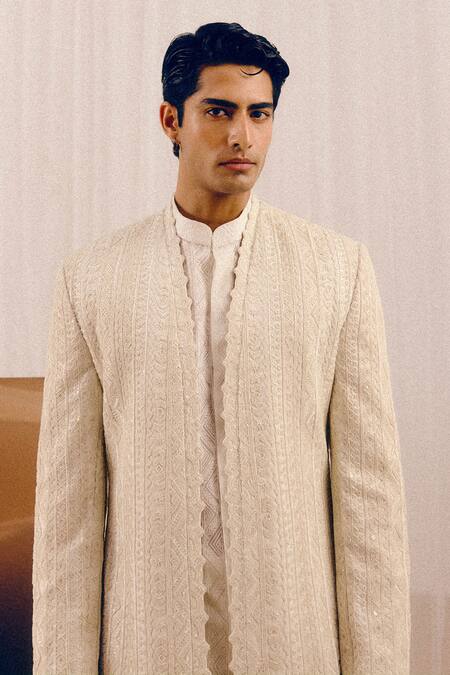Amaare_Ivory Silk, Wool Embroidery Marhu Achkan Set _Online_at_Aza_Fashions