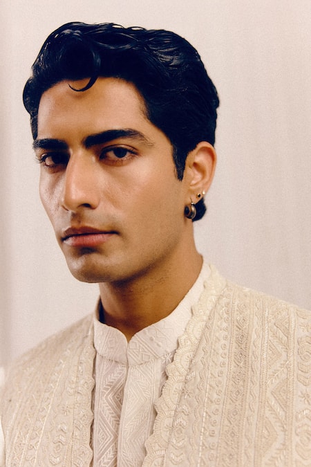 Buy_Amaare_Ivory Silk, Wool Embroidery Marhu Achkan Set _Online_at_Aza_Fashions