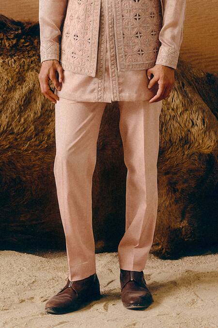 Amaare_Pink Silk, Wool, Organza Embroidery Rose Sao Nehru Jacket Set _Online_at_Aza_Fashions