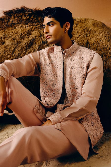 Buy_Amaare_Pink Silk, Wool, Organza Embroidery Rose Sao Nehru Jacket Set _Online_at_Aza_Fashions