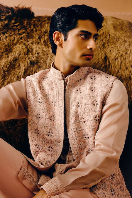 Shop_Amaare_Pink Silk, Wool, Organza Embroidery Rose Sao Nehru Jacket Set _Online_at_Aza_Fashions