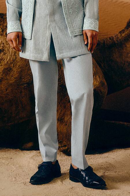 Amaare_Blue Silk, Wool Embroidery Ice Designer Nehru Jacket Set _Online_at_Aza_Fashions