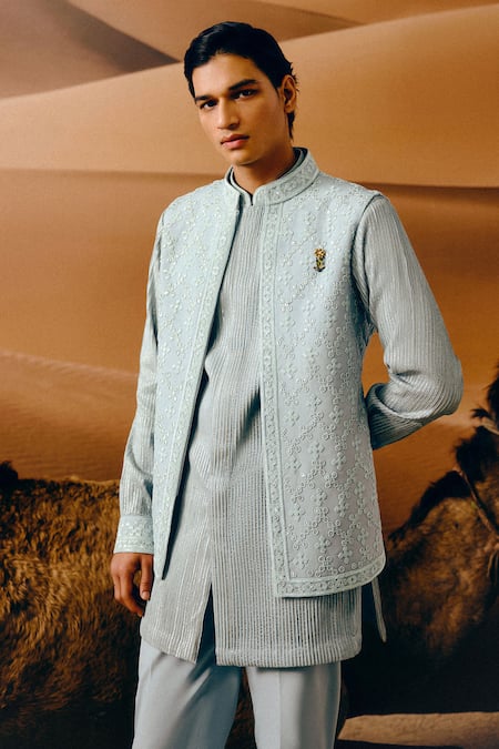 Buy_Amaare_Blue Silk, Wool Embroidery Ice Designer Nehru Jacket Set _Online_at_Aza_Fashions