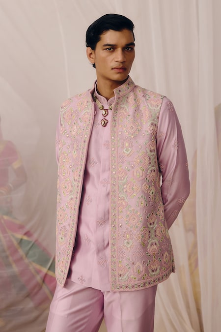Amaare_Purple Chanderi, Silk Embroidery Gor Boli Nehru Jacket Set _Online_at_Aza_Fashions