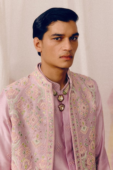 Shop_Amaare_Purple Chanderi, Silk Embroidery Gor Boli Nehru Jacket Set _Online_at_Aza_Fashions
