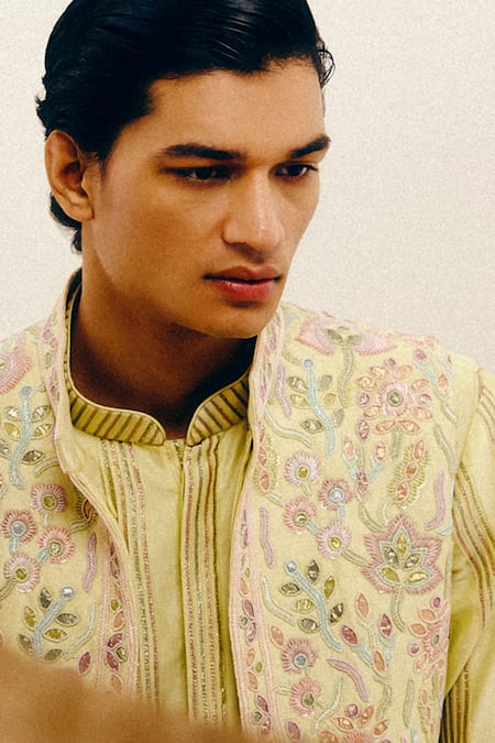 Buy Amaare Yellow Chanderi, Silk Embroidery Lemon Kukka Nehru Jacket Set Online at Aza Fashions Buy_Amaare_Yellow Chanderi, Silk Embroidery Lemon Kukka Nehru Jacket Set _Online_at_Aza_Fashions