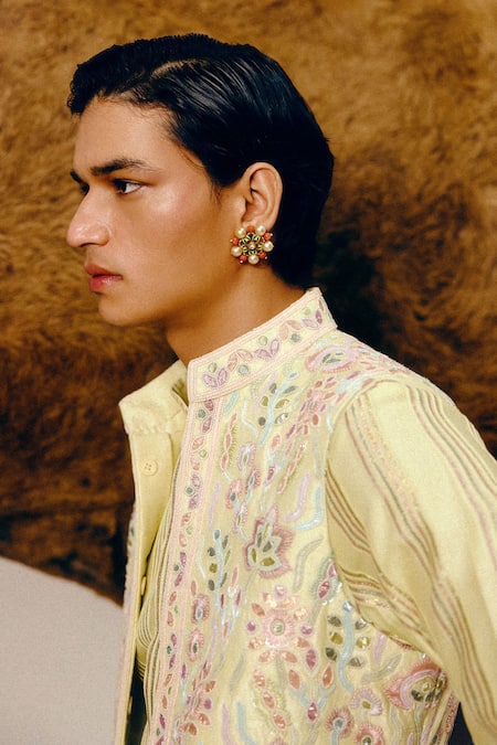 Shop Amaare Yellow Chanderi, Silk Embroidery Lemon Kukka Nehru Jacket Set Online at Aza Fashions Shop_Amaare_Yellow Chanderi, Silk Embroidery Lemon Kukka Nehru Jacket Set _Online_at_Aza_Fashions