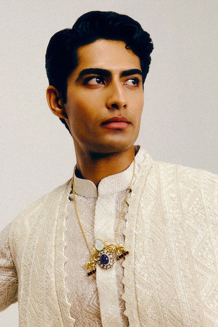 Buy_Amaare_Ivory Silk, Organza, Wool Embroidery Designer Marhu Nehru Jacket Set _Online_at_Aza_Fashions