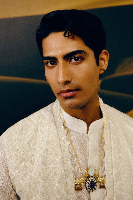 Shop_Amaare_Ivory Silk, Organza, Wool Embroidery Designer Marhu Nehru Jacket Set _Online_at_Aza_Fashions