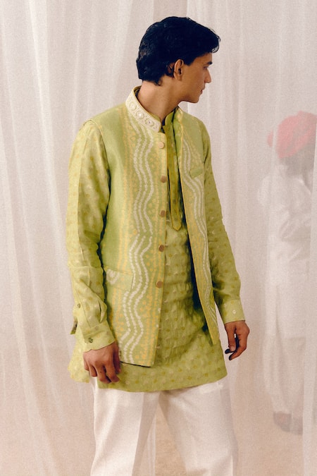 Amaare_Green Silk Embroidery Mint Bandahji Nehru Jacket Set _Online_at_Aza_Fashions