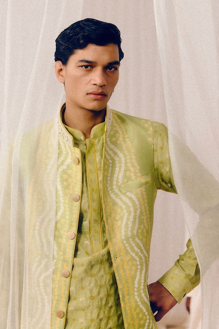 Buy_Amaare_Green Silk Embroidery Mint Bandahji Nehru Jacket Set _Online_at_Aza_Fashions
