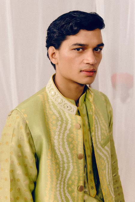 Shop_Amaare_Green Silk Embroidery Mint Bandahji Nehru Jacket Set _Online_at_Aza_Fashions