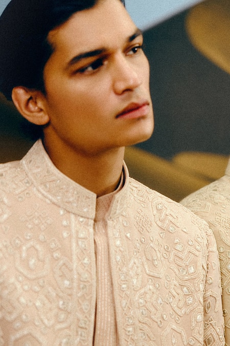 Amaare_Gold Silk, Wool Embroidery Gor Boli Achkan Set _Online_at_Aza_Fashions