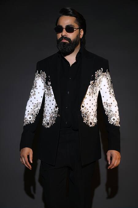 Courtyard By Abhi_Black Lycra Embroidery Japanese Tuxedo Set _Online_at_Aza_Fashions