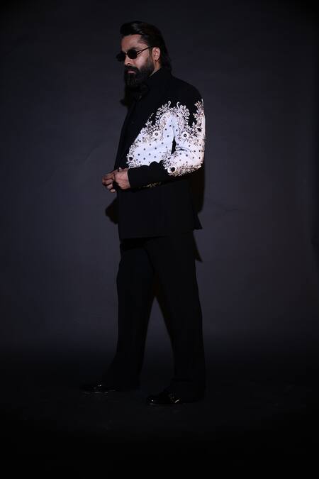 Buy_Courtyard By Abhi_Black Lycra Embroidery Japanese Tuxedo Set _Online_at_Aza_Fashions