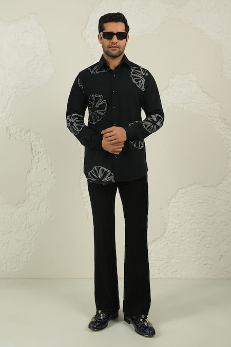 Courtyard By Abhi Black Lycra Handpainted Shirt And Trouser 