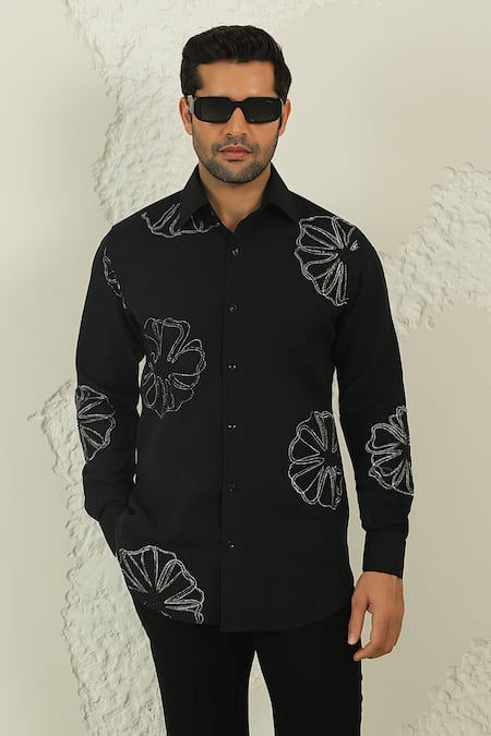 Courtyard By Abhi_Black Lycra Handpainted Shirt And Trouser _Online_at_Aza_Fashions