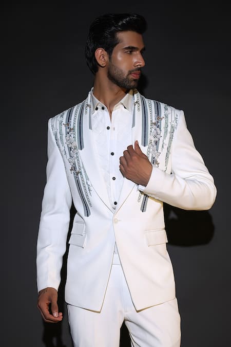 Courtyard By Abhi_White Lycra Embroidery Japanese Tuxedo Set _Online_at_Aza_Fashions