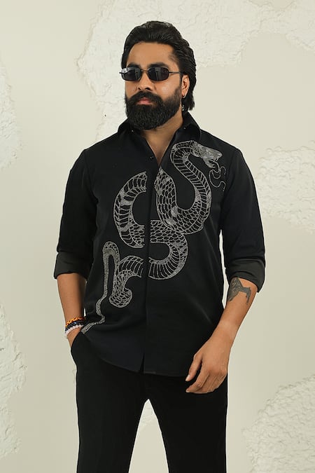 Courtyard By Abhi_Black Lycra Handpainted Shirt And Trouser Set _Online_at_Aza_Fashions