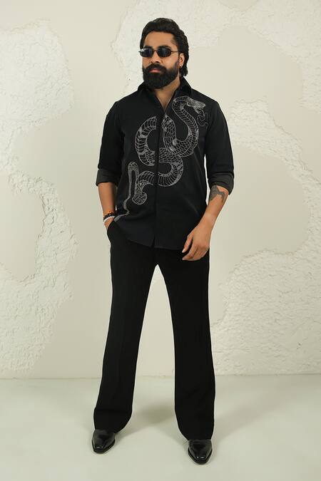 Buy_Courtyard By Abhi_Black Lycra Handpainted Shirt And Trouser Set _Online_at_Aza_Fashions
