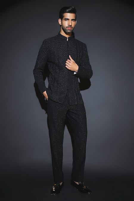 Courtyard By Abhi Black Japanese Lycra Bandhgala Set 