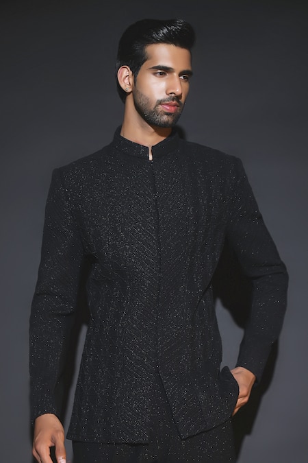 Shop_Courtyard By Abhi_Black Lycra Japanese Bandhgala Set _Online_at_Aza_Fashions