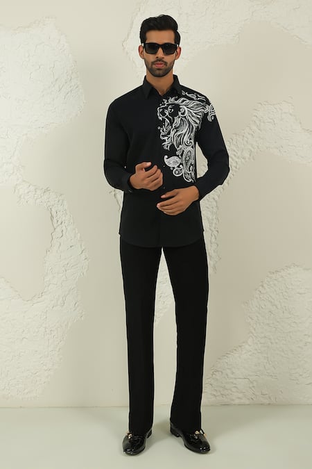 Courtyard By Abhi Black Lycra Handpainted Shirt And Trouser 