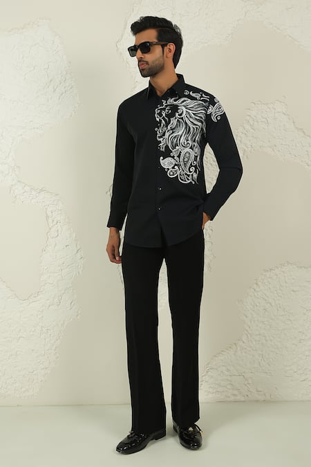 Buy_Courtyard By Abhi_Black Lycra Handpainted Shirt And Trouser _Online_at_Aza_Fashions