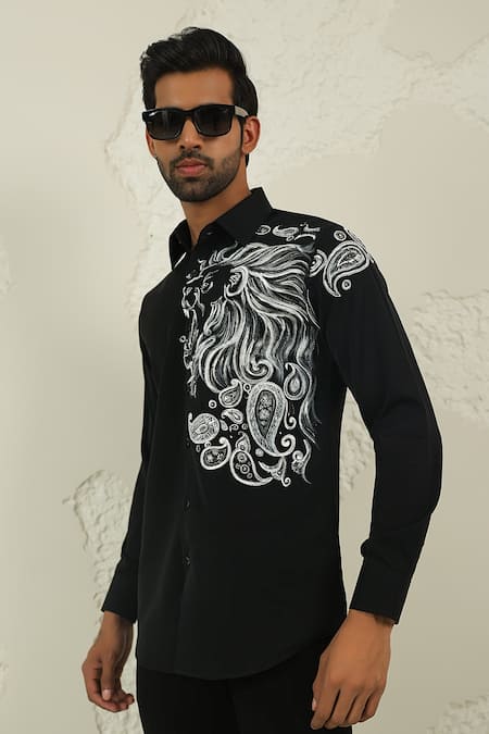 Shop_Courtyard By Abhi_Black Lycra Handpainted Shirt And Trouser _Online_at_Aza_Fashions