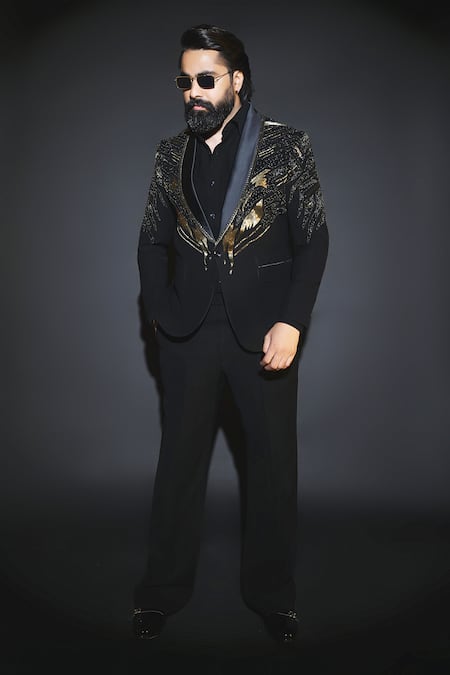 Courtyard By Abhi Black Japanese Lycra Embroidered Tuxedo Set 