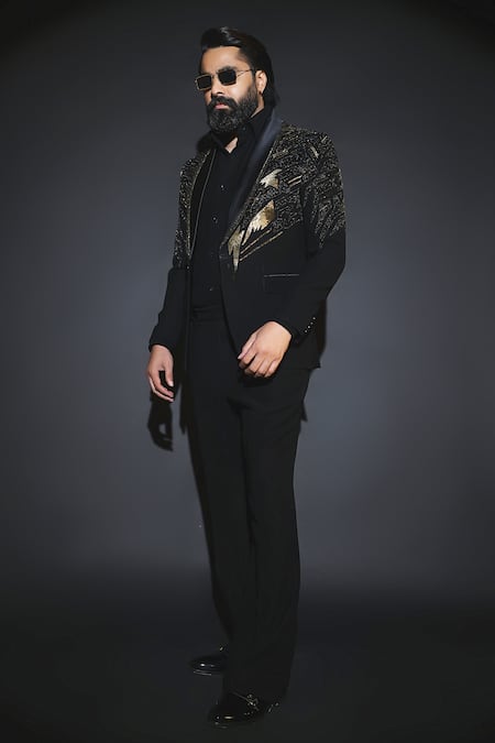 Courtyard By Abhi Black Japanese Lycra Embroidered Tuxedo Set 