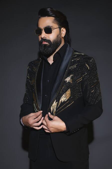 Buy_Courtyard By Abhi_Black Lycra Embroidery Japanese Tuxedo Set _Online_at_Aza_Fashions