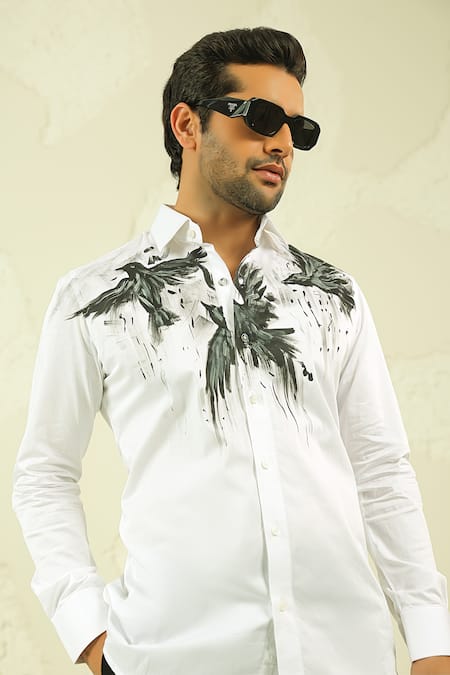 Courtyard By Abhi_White Lycra Black Handpainted Shirt And Trouser _Online_at_Aza_Fashions