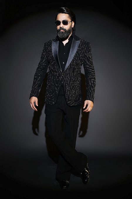 Courtyard by abhi Black Japanese Lycra Embroidered Tuxedo Set 