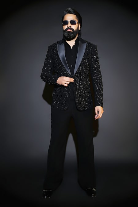 Courtyard By Abhi Black Japanese Lycra Embroidered Tuxedo Set 