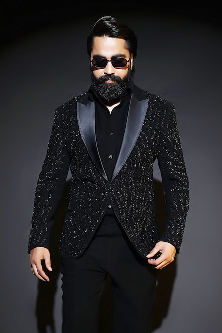 Shop_Courtyard By Abhi_Black Lycra Sequins, Embroidery Japanese Tuxedo Set _Online_at_Aza_Fashions