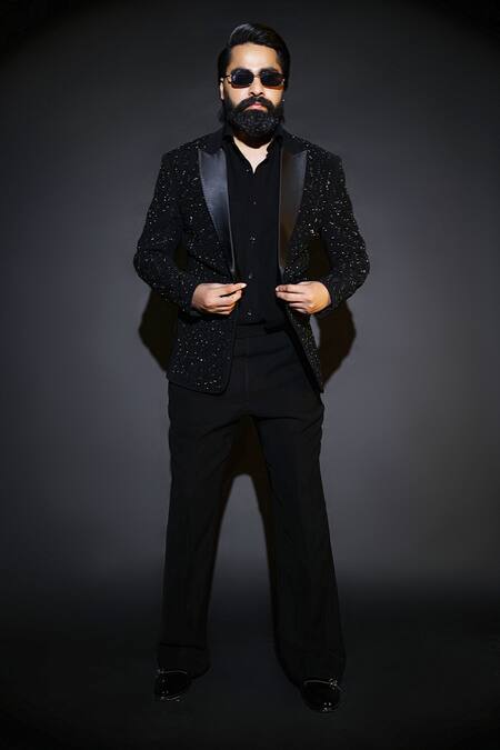 Courtyard By Abhi_Black Lycra Sequins, Embroidery Japanese Tuxedo Set _at_Aza_Fashions