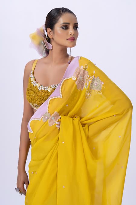 Merge Design Yellow Organza, Chiffon Embroidery Plunge Neck Floral Blouse And Saree Online at Aza Fashions Merge Design_Yellow Organza, Chiffon Embroidery Plunge Neck Floral Blouse And Saree _Online_at_Aza_Fashions