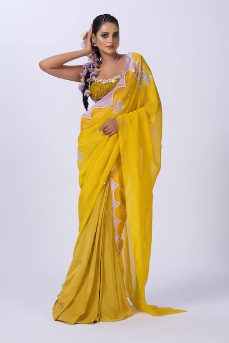 Merge Design Yellow Organza Floral Embroidered Blouse & Saree 