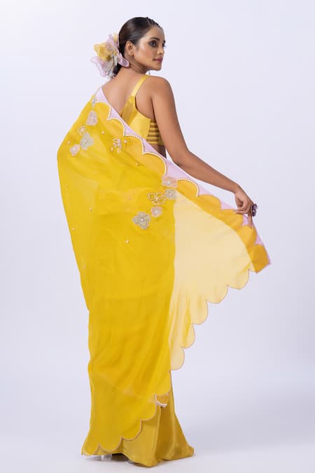 Merge Design Yellow Organza Floral Embroidered Blouse & Saree 