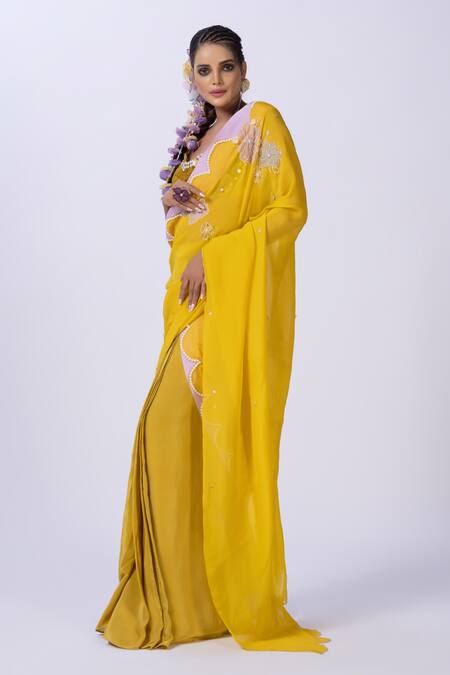 Buy Merge Design Yellow Organza, Chiffon Embroidery Plunge Neck Floral Blouse And Saree Online at Aza Fashions Buy_Merge Design_Yellow Organza, Chiffon Embroidery Plunge Neck Floral Blouse And Saree _Online_at_Aza_Fashions