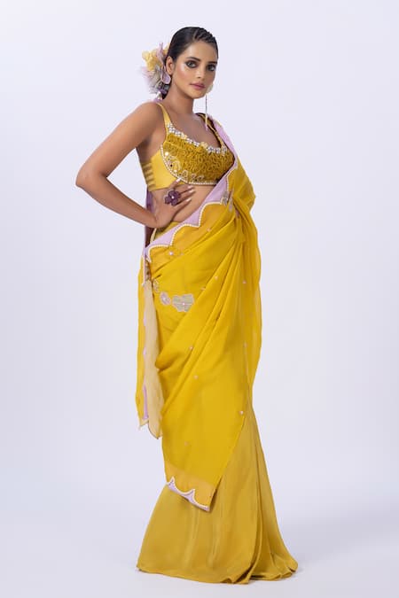 Shop Merge Design Yellow Organza, Chiffon Embroidery Plunge Neck Floral Blouse And Saree Online at Aza Fashions Shop_Merge Design_Yellow Organza, Chiffon Embroidery Plunge Neck Floral Blouse And Saree _Online_at_Aza_Fashions