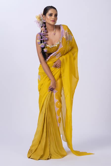 Merge Design Yellow Organza, Chiffon Embroidery Plunge Neck Floral Blouse And Saree at Aza Fashions Merge Design_Yellow Organza, Chiffon Embroidery Plunge Neck Floral Blouse And Saree _at_Aza_Fashions