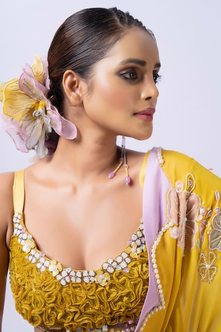 Buy Merge Design Yellow Organza, Chiffon Embroidery Plunge Neck Floral Blouse And Saree Buy_Merge Design_Yellow Organza, Chiffon Embroidery Plunge Neck Floral Blouse And Saree