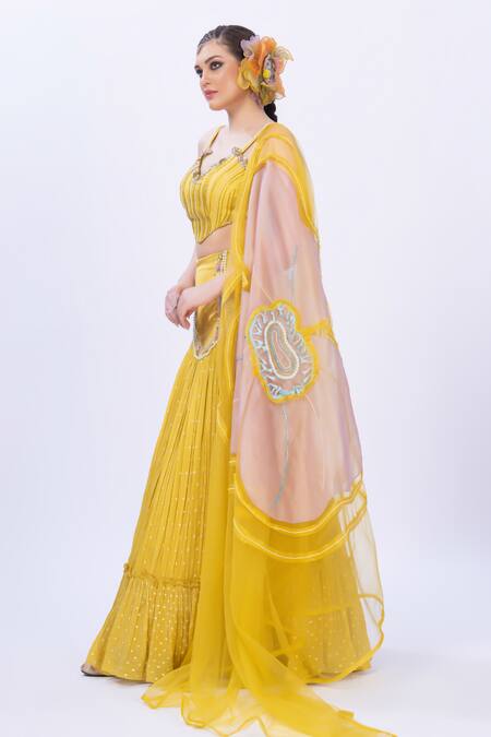 Merge Design_Yellow Net, Chiffon, Organza Embroidery Sweetheart Neck Lehenga Set _Online_at_Aza_Fashions