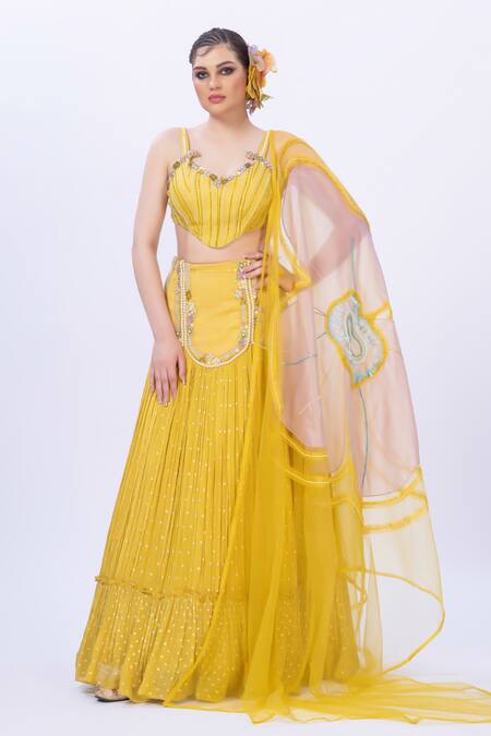 Buy_Merge Design_Yellow Net, Chiffon, Organza Embroidery Sweetheart Neck Lehenga Set _Online_at_Aza_Fashions