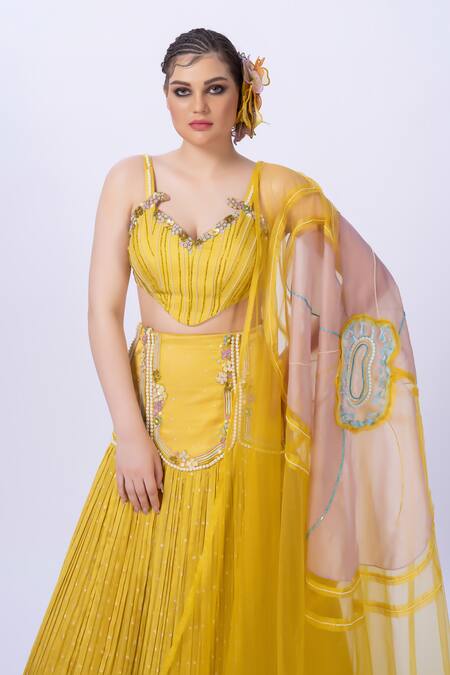 Shop_Merge Design_Yellow Net, Chiffon, Organza Embroidery Sweetheart Neck Lehenga Set _Online_at_Aza_Fashions